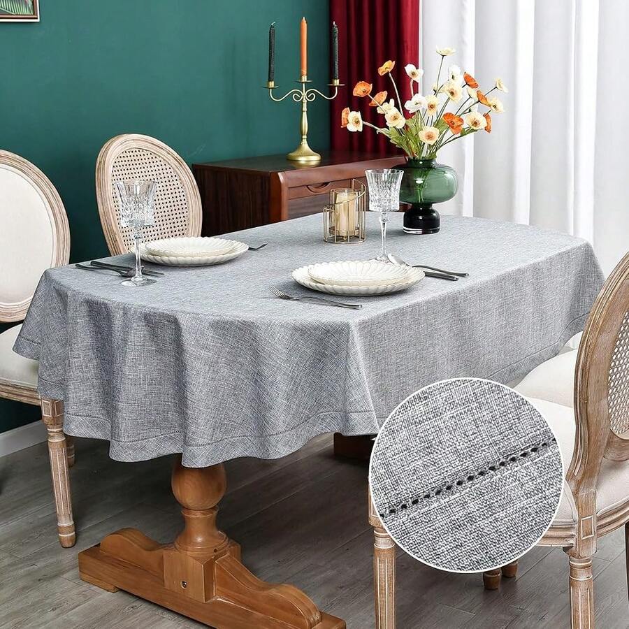 Farmhouse Oval Hemstitch Border Tablecloth Neutral Faux Linen Table Cloth Rustic Solid Grey Table Cover For Dining Kitchen Party Holiday Home 60x84 Inch - Grey - View 1