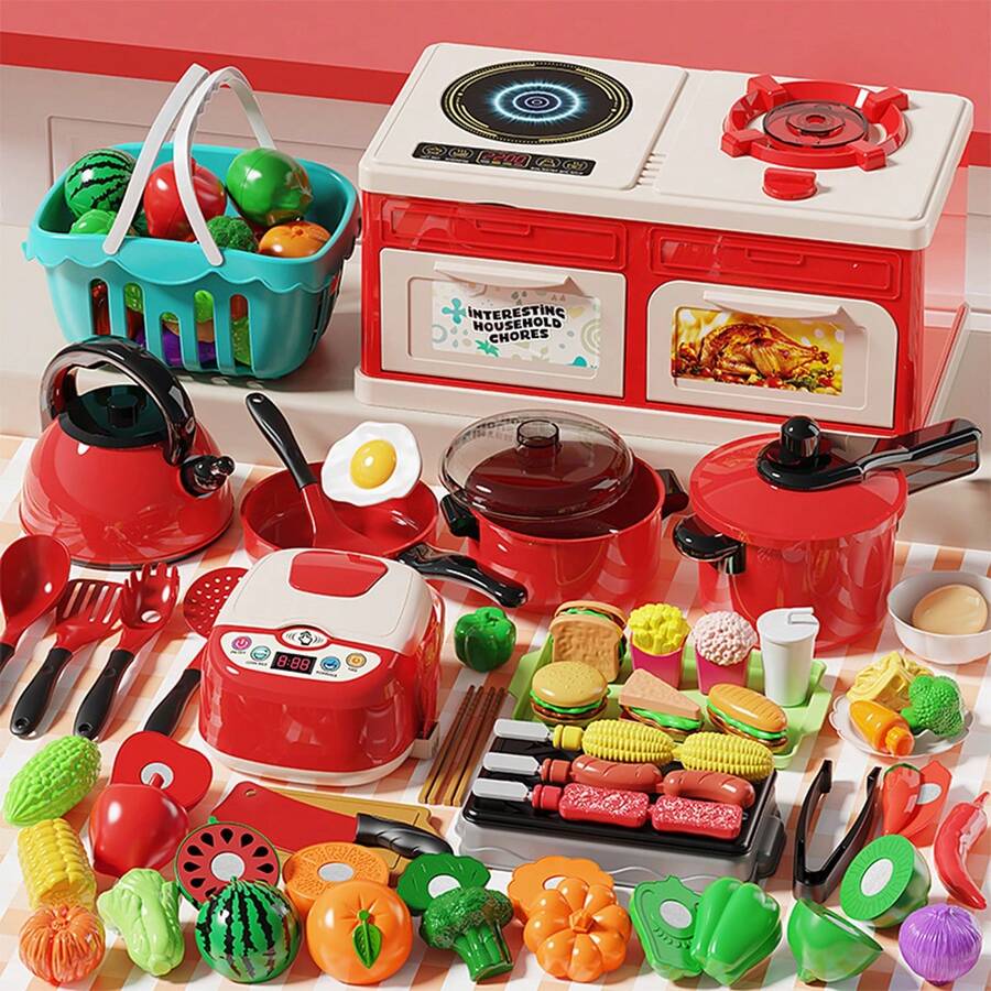 76 piezas Juego de cocina de juguete para niños, apto para niños y niñas, incluye mini estufa, arrocera, frutas, cuchara de revolver, wok, tabla de cortar y utensilios de cocina de simulación musical - Multicolor - Ver 1