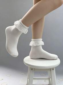 1/3/5 pares de calcetines de media caña blancos con volantes y estampado de estrellas, versátiles y lindos para mujer, nuevos lanzamientos para primavera/verano/otoño - Blanco - Ver 3