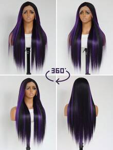 200% Density 24" 13X4 HD Lace Front Wig - Hand-Tied Black Silky Straight With Purple Highlights, Glueless Heat Resistant Synthetic - Purple Highlight - View 7