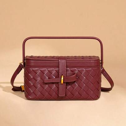 Vintage French Woven Pattern Mini Box Bag | Portable Small Item Storage Mini Phone Pouch | 2026 Women's Retro Luxury Handbag | Wine Red With Gold Lock Adjustable Shoulder Strap 3-In-1 Tote Bag Crossbody Bag With Inner Compartment, Suitable For Street And Shop Atmosphere
