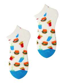 1 Pair Of Unisex Fast Food Pattern Boat Socks - White & Blue Design With Burger/Fries/Drink Prints, Comfortable Daily Socks, Ideal Gift For Food Lovers, Year-Round Fashion Leisure Socks - Multicolor - View 2