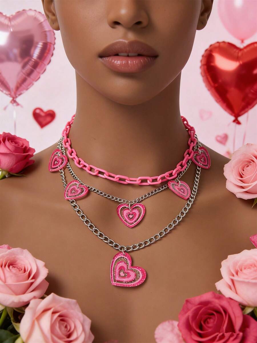 1pc Multi-Layer Heart Print Necklace, Rose Red - Blue - View 1