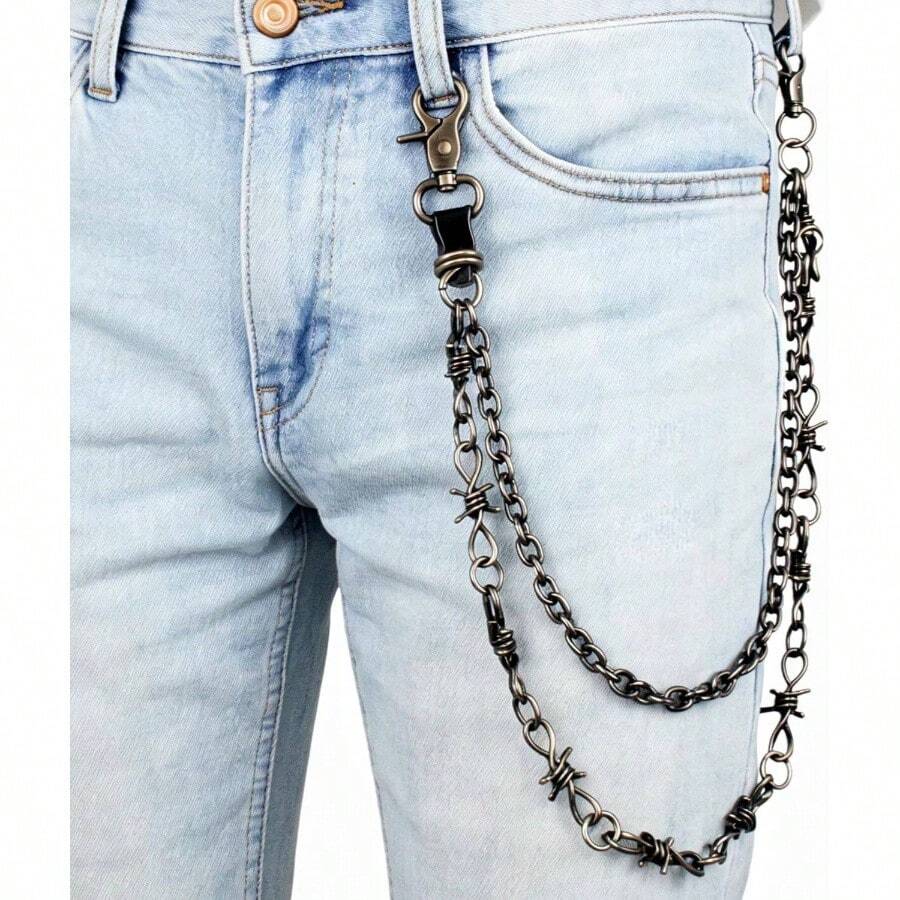 Layered Punk Pants Chain Men Women, Gothic Hip Hop Jean Chain Wallet Chain Biker Trouser Chain, Goth Emo Fashion Keychain Accessories - 2L-黑色倒刺 - 查看 1