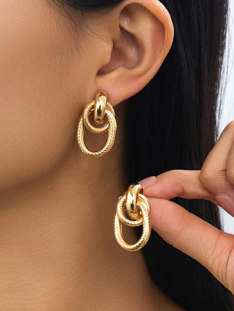 1 Pair Textured Gold Tone Retro Twisted Geometric Design Stud Earrings For Women - Yellow Gold - View 1