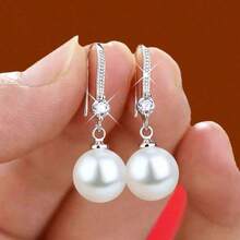 Accessories Wish   Drop Pendant Oval Pearl Earrings Bridal Earrings Earrings - Hạt tròn bạc - Xem 3