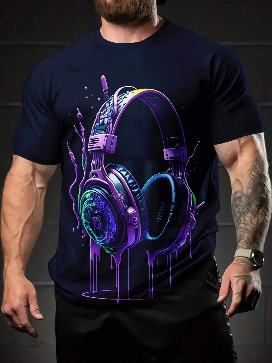 Summer Men's 3D Digital Print Colorful Headphone Pattern Fashion Round Neck Short Sleeve Casual Comfortable Versatile Men's T-Shirt Top - Màu sắc hỗn hợp - Xem 1