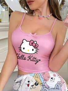 Sanrio 1pc Hello Kitty Crop Top Pajama Shirt, Summer Hello Kitty Sleepwear Kuromi Hello Kitty Camisole - Pink - View 3