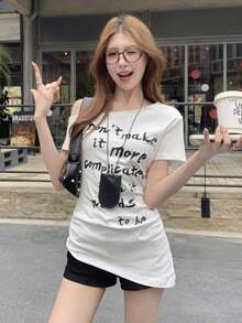 夏季韩版斜领不对称荷叶边修身字母印花休闲短袖T恤 女款 白色 - 白色 - 查看 7