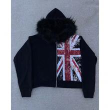 European And American Hooded Cardigan Sweater Black Hairy Hat Loose Hoodie Men And Women Can Wear Tops - 黑色 - 查看 3