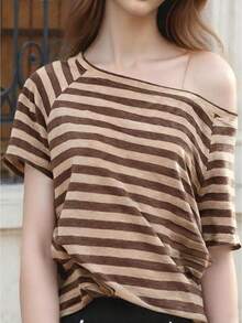 Women's Loose Fit Tops Fashionable Striped Short Sleeve Off One Shoulder T-Shirt For Casual Daily Wear Women's Brown  Tan Striped Cold Shoulder Short Sleeve Top - Oversized Relaxed Fit Soft Breathable Fabric Stylish Casual Versatile Daily Wear(S-XL) - 棕色 - 查看 1