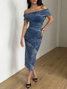 Women's Off-Shoulder Denim Effect Print Fitted Casual Knit Fabric Ruffle Hem Dress - Navy Blue - View 3