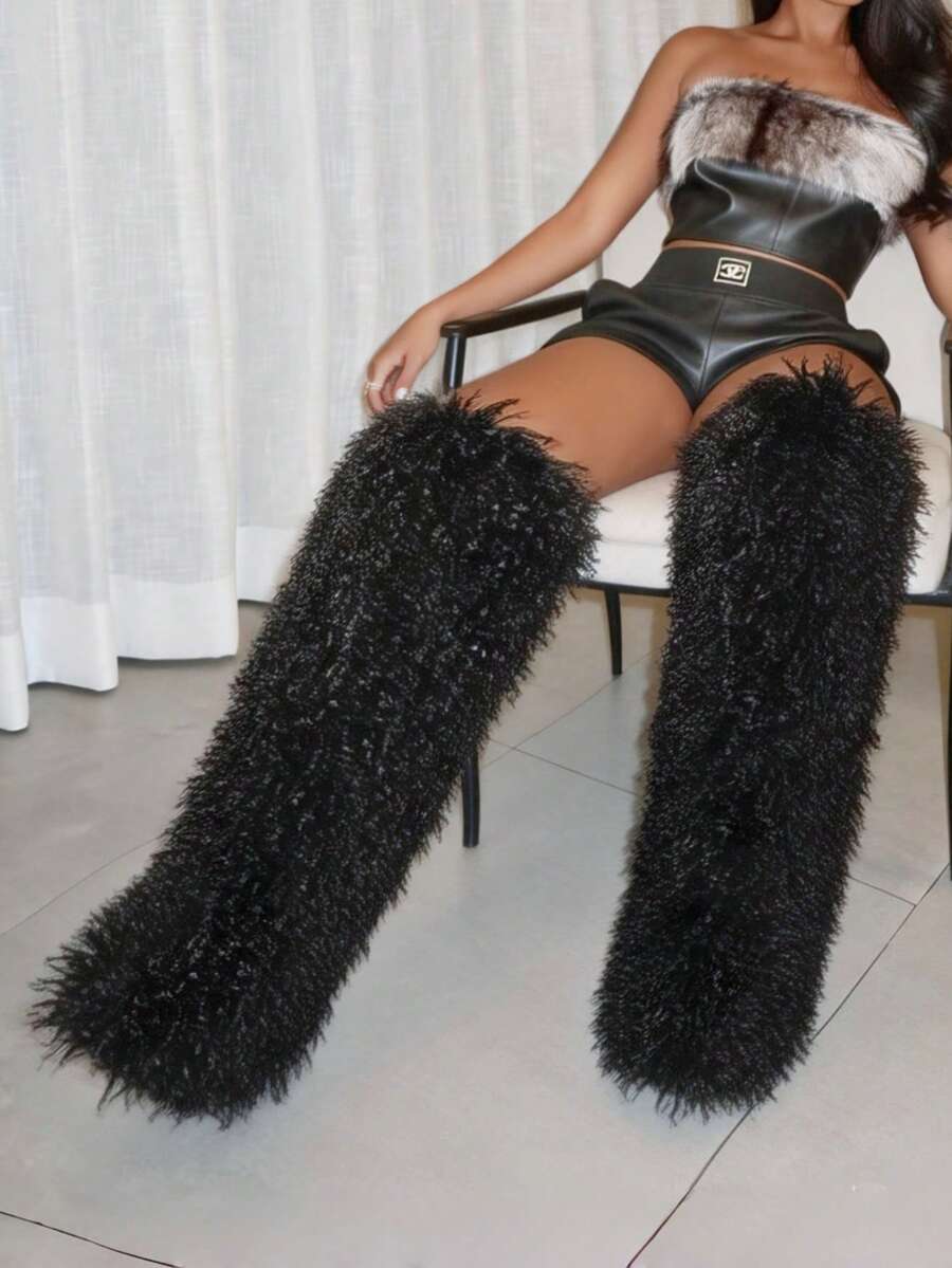 Women's Snow Boots Women's Furry Fur Boots Mid Calf Boots Fuzzy Fluffy Slip On Suede Warm Fur Lined Booties Christmas Halloween Fashion Comfortable Outfit Boots - Đen dài - Xem 1