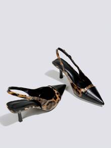 7cm Black Leopard Print Patchwork Pointed Toe High Heel Pumps, Party Dress Shoes, Mary Jane Heels, Slingback Stilettos - Black - View 4