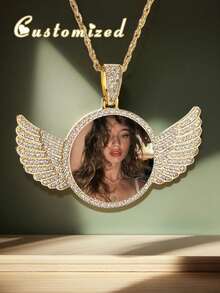 1pc Personalized Angel Wings Crystal Inlaid Photo Necklace | Customized Photo Necklace | Hip Hop Photo Pendant | Iced Out Round Photo Pendant, Gold, Silver, Fashionable, Colorful, Retro, Unisex, Minimalist, Casual, Customized, Personalized, Unique, Ideal Gift For Him, Ideal Gift For Her, Boyfriend, Girlfriend, Dad, Mom, Family, Friends, Anniversary, Birthday, Graduation, Dance, Party, Women Jewelry - Multicolor - View 10