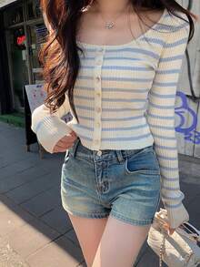 女士露肩条纹长袖针织衫，修身性感短款套头衫，秋季款