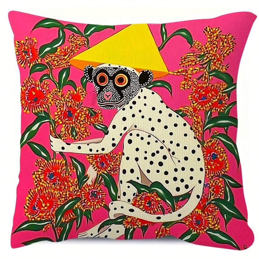 One Yayoi Kusama-Style Pop Art Pillowcase - Double-Sided Print, 18x18 Inches, Ultra-Soft Retro-Modern Décor, White Monkey With Black Spots, Pink And Green Polka Dot Design, Zip Closure, Machine Washable - Suitable For Sofas, Beds, Chairs, Car Upholstery - Minimalist Home Décor, Iconic Kusama Style, The Perfect Gift For Art Lovers. - 白色 - 查看 1