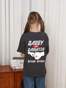 Tween Girl "Daddy And Daughter..." Slogan Print T-Shirt, Casual Versatile Top, Fashionable Girls Summer Blouse - Dark Grey - View 2