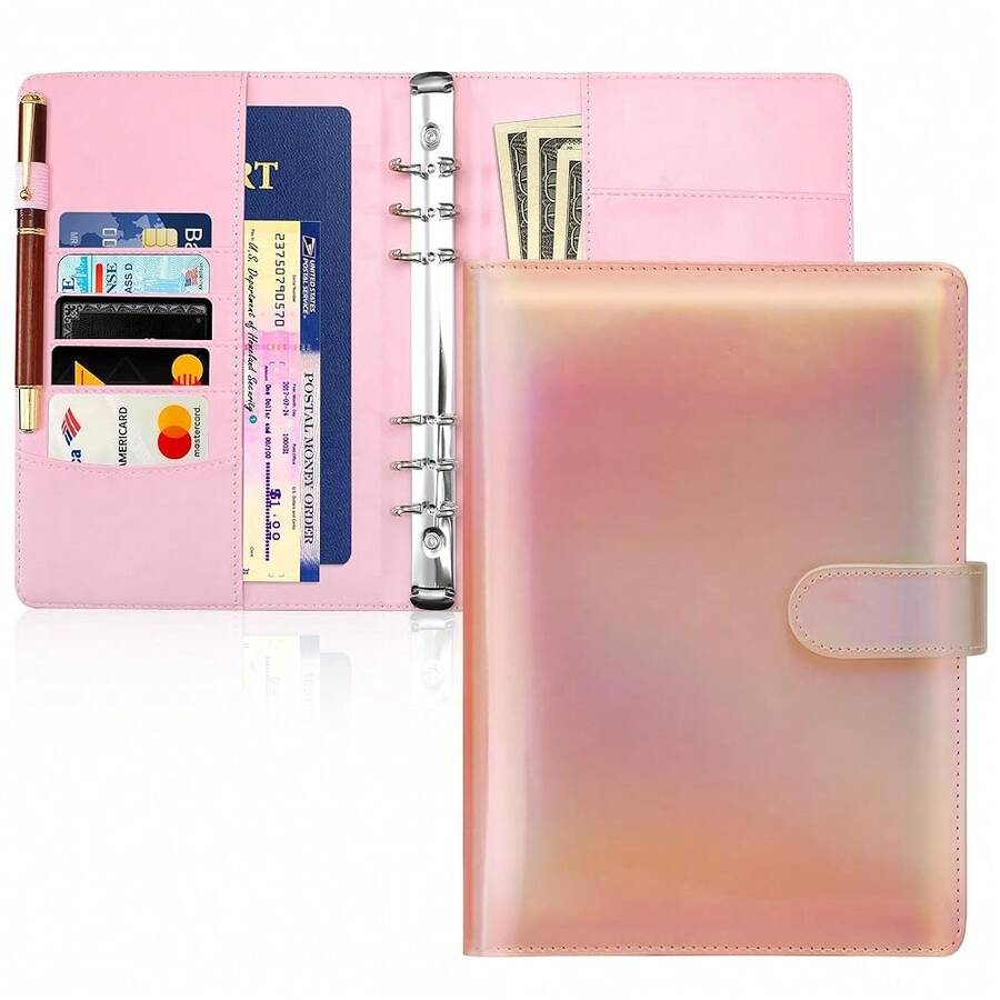 A5 6 Ring Refillable Binder, PU Leather Budget Planner Organizer, Magnetic Closure - Perfect For Daily Planning & Finance, Fits A5 Loose Leaf Paper, Laser Rose Gold - LaserRoseGold - View 1