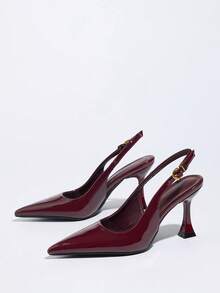 2026 New Non-Fatiguing Red Sole Cloth Women's High Heel Pumps, Thin Heel, Pointed Toe, Asymmetric Heel, Elastic Back Closed Toe Sandals - Burgundy - View 6