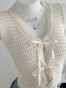 Solid Color Hollow Out Tie Front Sleeveless Knit Sweater Vest, Suitable For Vacation & Beach - White - View 3