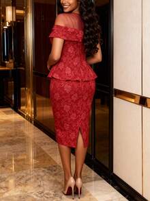 Women's Elegant Jacquard Vintage Fitted Mid-Length Ruffle Hem Dress, Suitable For Valentine's Day. Women's Spring Cocktail Party Dress - Red - View 3