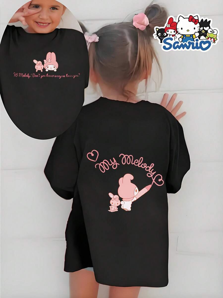 Sanrio Authorized The Lovely My Melody Printed T-Shirt, Fashionable Children's Short-Sleeved Shirt, Elastic And Breathable, Suitable For Outdoor Leisure Sports In Summer, Creative Printed Design Before And After, A Birthday Gift That Girls Like. - 黑色 - 查看 1