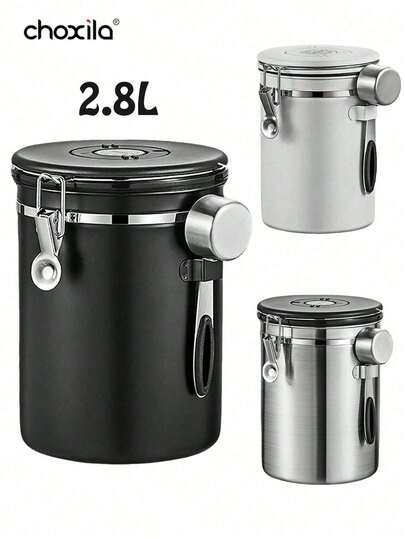 choxila 1pc 2.8L Coffee Canister, Airtight Coffee Bean Storage Container, Stainless Steel Kitchen Food Storage Jar With Date Tracker And Scoop, Suitable For Coffee Grounds, Coffee Beans, Tea, Sugar, Flour, Cereal, Etc.
