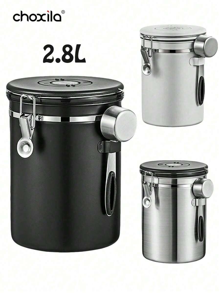 choxila 1个2.8升咖啡罐,密封咖啡豆储存容器,不锈钢厨房食品储存罐,带日期追踪器和勺子,适用于咖啡粉、咖啡豆、茶叶、糖、面粉、谷物等。 - 彩色 - 查看 1