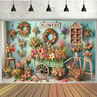 2D背景布，单片装，花卉市场展示，涤纶摄影背景，生日横幅用品，蛋糕桌摄影工作室派对装饰和人像摄影，户外庆典，多用途，无需用电。