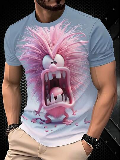 新款男士时尚3D卡通印花T恤 - 夏季男士圆领短袖轻便速干套头衫，休闲可机洗，送给家人的完美礼物