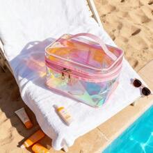 Waterproof Holographic Red PVC Makeup Bag With Handle - 8.66 * 5.51 * 5.51 Inch Travel Cosmetic Organizer For Women Men Toiletry Pouch (Holographic Red-L) - 全像紅-L - 查看 6