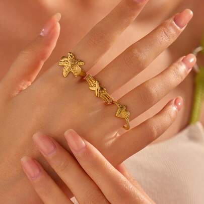 Set de 3 anillos abiertos minimalistas chapados en oro de acero inoxidable, incluye diseños de letra, corazón y estrella de mar, adecuado para uso de mujeres o como regalo