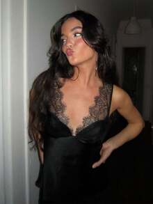 Women's Sexy Lace Satin Fitted Camisole, Fashionable V-Neck Spaghetti Strap Backless Camisole Top, Summer Beach Vacation - Black - View 1