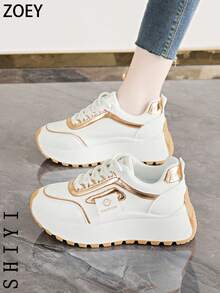 Spring, Summer, Autumn, Winter 2025 New Thick Soled Chunky Sneakers, Women's Breathable Mesh White Shoes, Versatile Casual Sports Shoes - Gold - View 9