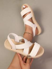 女士春秋新款罗马单层软底弹力面料交叉透气休闲舒适圆头平底凉鞋 - 白色 - 查看 2