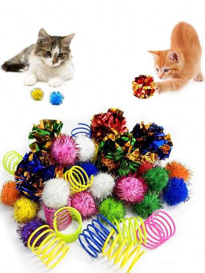 35pcs Cat Toy Set, Including Crinkle Balls, Flashing Balls, Spiral Springs And More Interactive Cat Toys, Suitable For Most Cats, Christmas & Halloween Gift, Random Colors