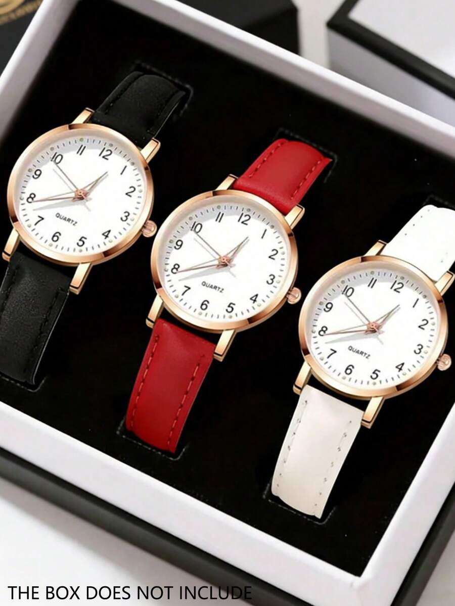 3pcs Minimalist Casual Women's Quartz Watches, Women's Gold Accessory Set (Includes Rose Gold Frame With Black/Red/White Leather Straps, Numeric And Rhinestone Dial Quartz Watches). Featuring A Rose Gold Frame Base With Black, Red, And White Leather Straps - Multicolor - View 1