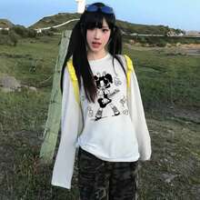 女士休闲宽松卡通印花T恤，可爱图案，圆领，日常百搭，春秋季