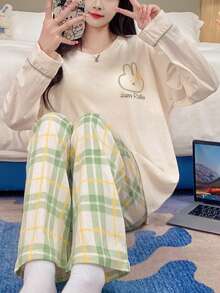 女士两件套睡衣套装，韩式休闲睡衣，可爱兔子印花上衣，条纹印花七分裤，配套睡衣，家居服 - 香檳色 - 查看 8