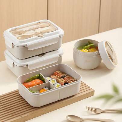 Bộ hộp cơm trưa, hộp cơm bento di động, cốc ăn sáng yến mạch tròn, hộp cơm kèm thìa và dĩa, hộp cơm trưa đi học, dùng được trong lò vi sóng (tháo nắp), túi đựng hộp cơm, túi xách đựng cơm, thích hợp cho gia đình, trường học, văn phòng, du lịch và dã ngoại ngoài trời.