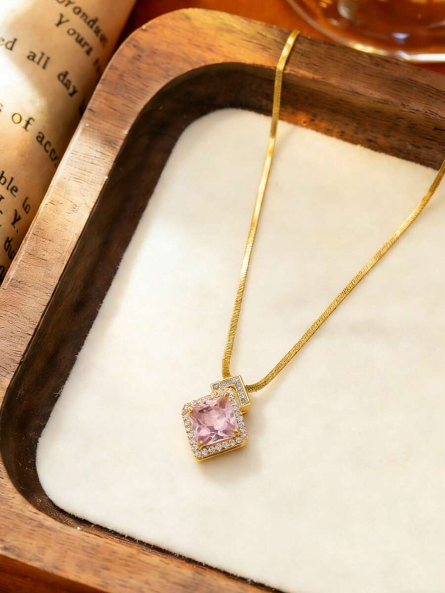 1件粉色几何菱形吊坠项链，简约优雅精致时尚首饰，适合日常和工作佩戴（OPP袋包装） - 金黃色 - 查看 1