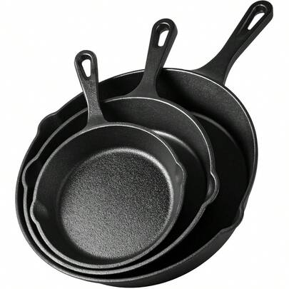 Cast Iron Skillet Pan Set, 3pcs Pre-Seasoned Non-Stick Heavy Duty Frying Pan Set, Oven Grill Pans Suitable For All Hob Types, 6", 8", 10"