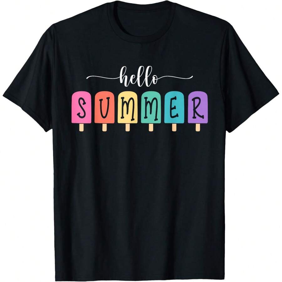 Hello Summer Vacation Ice Cream Popsicle Ice Lolly Gift T-Shirt - 黑色 - 查看 1