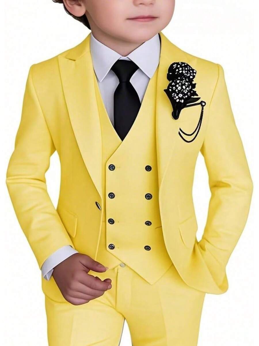 Stylish Boys 4 Piece Slim Fit One Button Formal Suit Set With Tie For Wedding Prom Party - Yellow - View 1