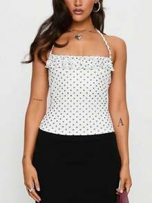 Womens Y2K Polka Dots Halter Tank Tops Layered Ruffle Halter Neck Spaghetti Strap Low Cut Slim Fit Vest Crop Tops Summer Sleeveless Backless Camisole Shirts Party Club Going Out Tops Streetwear - 白色 - 查看 3