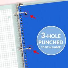 Cuaderno espiral, 1 materia, papel cuadriculado, 8" X 10-1/2", 100 hojas por cuaderno, papel perforado de 3 agujeros, cubierta resistente al agua, cuadernos de espiral cuadriculados para trabajo, hogar, escuela, escritura, azul - Azul - Ver 7