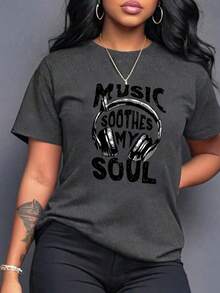 大码印花T恤，“音乐抚慰我的灵魂”，休闲舒适，适合日常穿着 | 夏季 - 深灰 - 查看 1