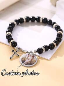 Customized Colorful Photo Beaded Bracelet With Cross, Fashionable Personalized UV Printed Couple Memory Photo Round Pendant Beaded Adjustable Handmade Photo Bracelet - Multicolored Beads - View 3
