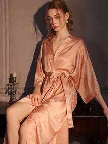 Jacquard Nightgown Women's Spring And Autumn Long Bathrobe Bath Skirt Ice Silk High-End Satin Loungewear Single Robe Can Be Worn Outside - HP16款-長袍 - 查看 6